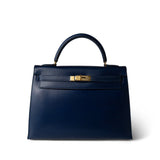 Hermes Handbag Navy Kelly Sellier 32 Blue Box Calfskin Gold Plated (U) Stamp - Redeluxe