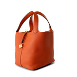 Hermes Handbag Orange Feu Clemence Picotin Lock Gold Plated U Stamp - Redeluxe