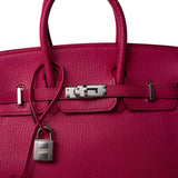 Hermes Handbag Pink Birkin 25 Rose Shocking Chèvre Palladium Plated K Square Stamp - Redeluxe