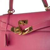 Hermes Handbag Pink Kelly 28 Rose Lipstick Veau Tadelakt Gold Plated Hardware C Stamp - Redeluxe