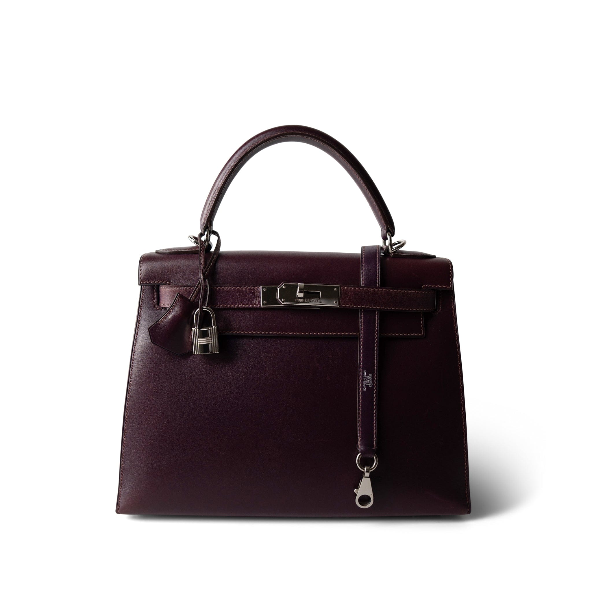 Hermes Handbag Purple Kelly Sellier 28 Plum Box Calfskin Palladium Plated [F] Stamp - Redeluxe