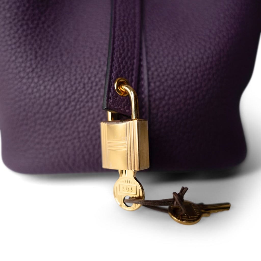 Hermes Handbag Purple Picotin 18 Purple Taurillon Clemence Gold Plated B Stamp - Redeluxe