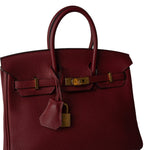 Hermes Handbag Red Birkin 25 Rouge Grenat Togo Gold Plated X Stamp - Redeluxe