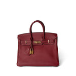 Hermes Handbag Red Birkin 25 Rouge Grenat Togo Gold Plated X Stamp - Redeluxe
