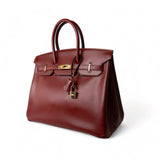 Hermes Handbag Red Birkin 35 Rouge Box Calfskin Gold Plated G Square Stamp - Redeluxe