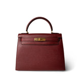 Hermes Handbag Red Kelly Sellier 28 Rouge Courchevel Gold Plated (X) Stamp - Redeluxe