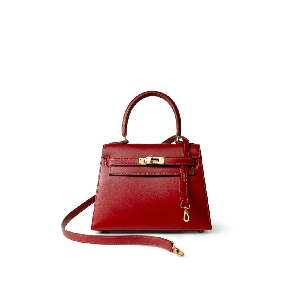 Hermes Handbag Red Mini Kelly Sellier 20 Rouge Box Calfskin Gold Plated U Circle Stamp - Redeluxe
