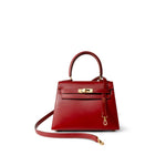 Hermes Handbag Red Mini Kelly Sellier 20 Rouge Box Calfskin Gold Plated U Circle Stamp - Redeluxe