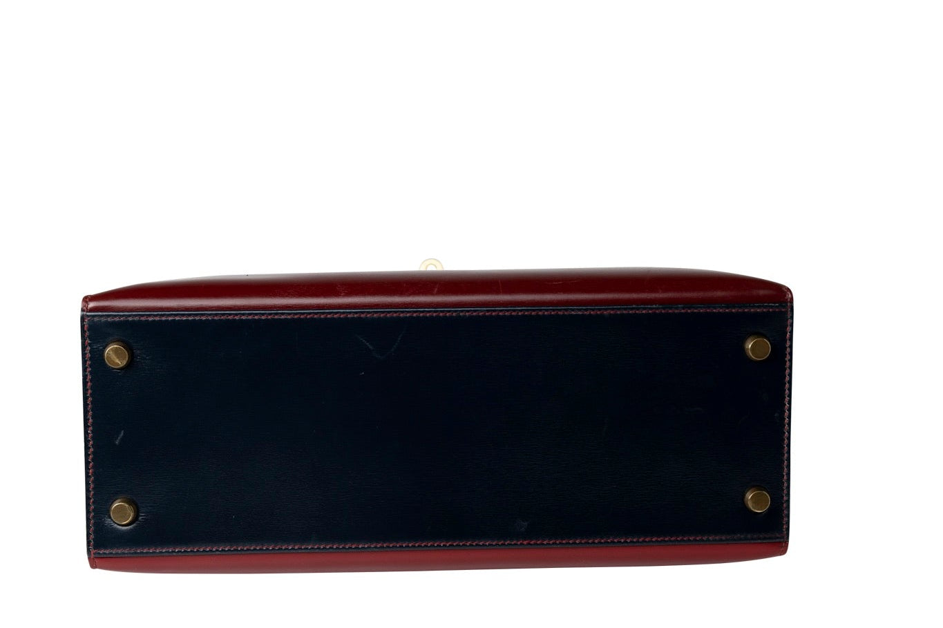 Hermes Handbag Red Vintage Kelly 28 Box Rouge H, Rouge Vif and Bleu Marine with Gold Hardware - Redeluxe