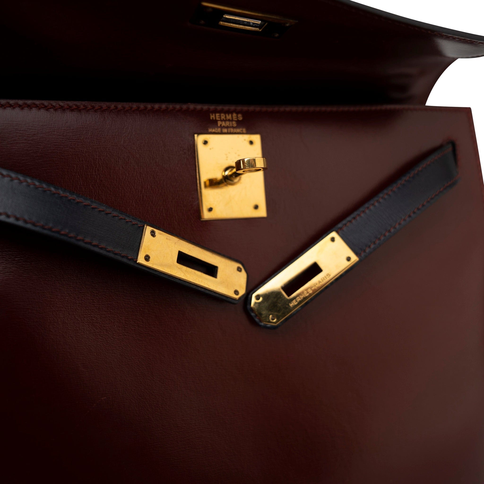 Hermes Handbag Red Vintage Kelly 28 Box Rouge H, Rouge Vif and Bleu Marine with Gold Hardware - Redeluxe