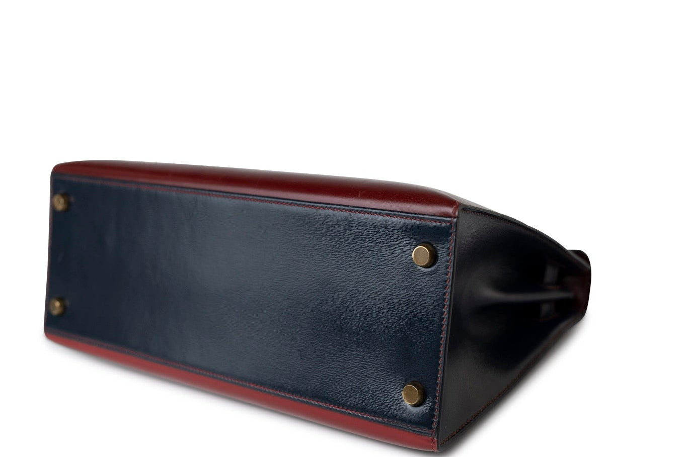Hermes Handbag Red Vintage Kelly 28 Box Rouge H, Rouge Vif and Bleu Marine with Gold Hardware - Redeluxe
