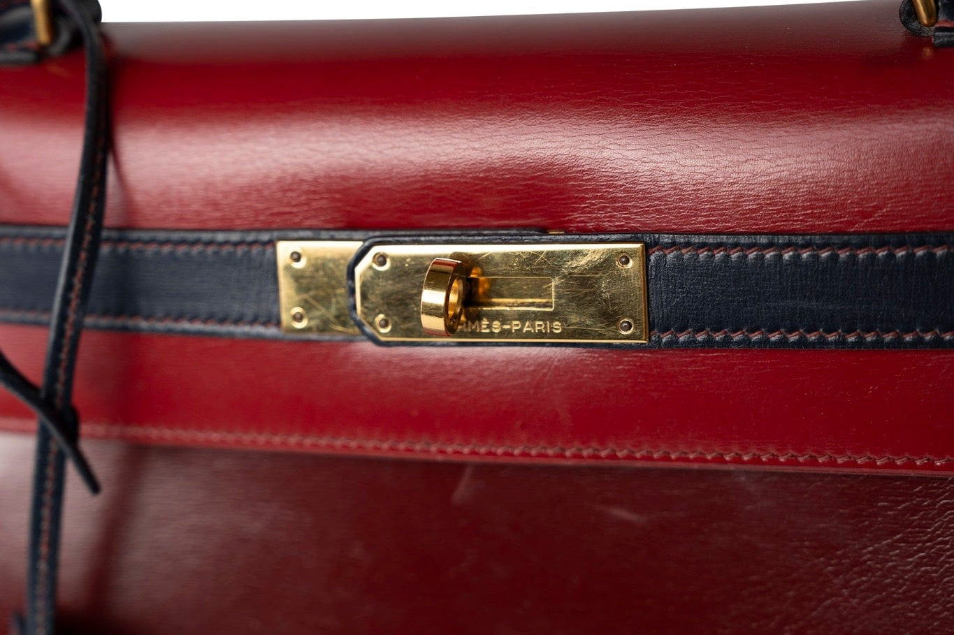 Hermes Handbag Red Vintage Kelly 28 Box Rouge H, Rouge Vif and Bleu Marine with Gold Hardware - Redeluxe