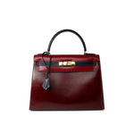 Hermes Handbag Red Vintage Kelly 28 Box Rouge H, Rouge Vif and Bleu Marine with Gold Hardware - Redeluxe