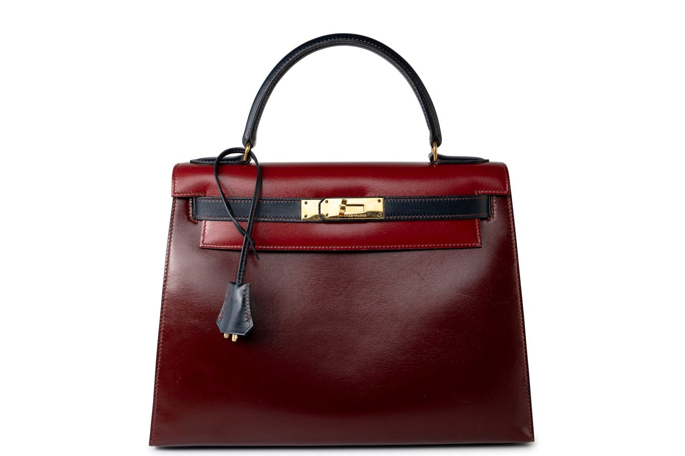 Hermes Handbag Red Vintage Kelly 28 Box Rouge H, Rouge Vif and Bleu Marine with Gold Hardware - Redeluxe