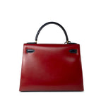 Hermes Handbag Red Vintage Kelly 28 Box Rouge H, Rouge Vif and Bleu Marine with Gold Hardware - Redeluxe
