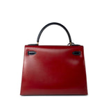 Hermes Handbag Red Vintage Kelly 28 Box Rouge H, Rouge Vif and Bleu Marine with Gold Hardware - Redeluxe