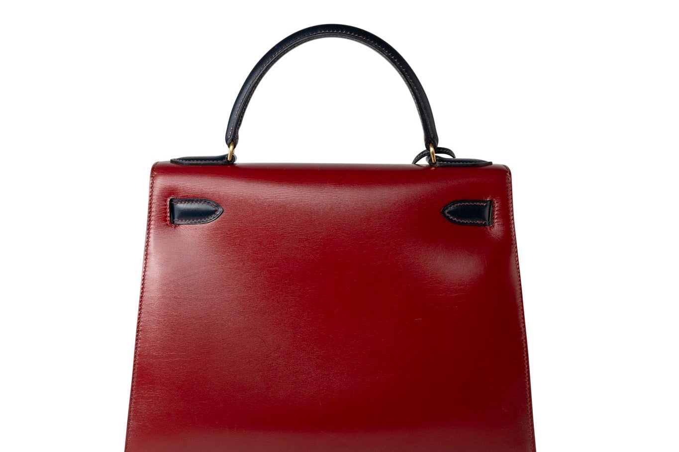 Hermes Handbag Red Vintage Kelly 28 Box Rouge H, Rouge Vif and Bleu Marine with Gold Hardware - Redeluxe
