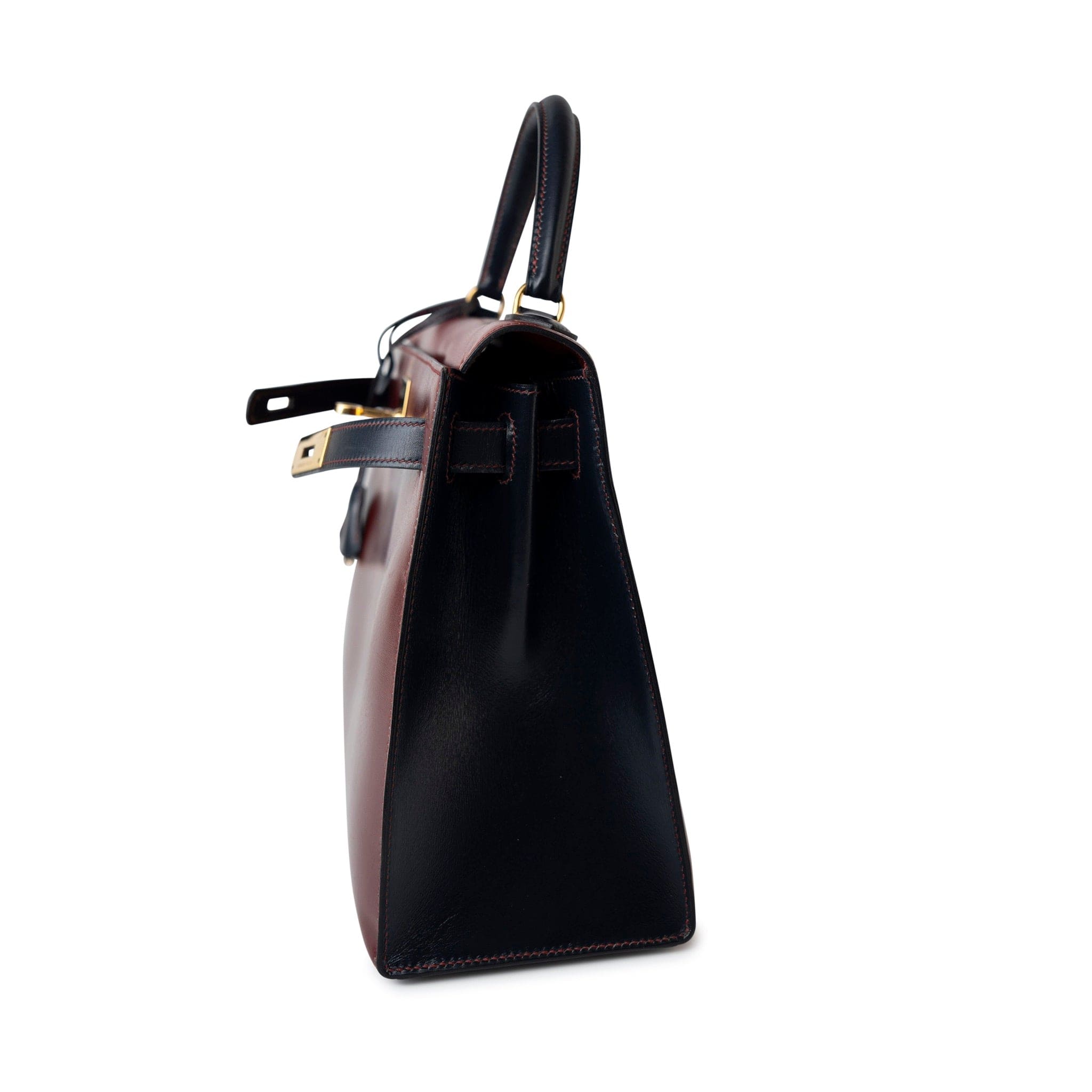 Hermes Handbag Red Vintage Kelly 28 Box Rouge H, Rouge Vif and Bleu Marine with Gold Hardware - Redeluxe