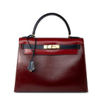 Hermes Handbag Red Vintage Kelly 28 Box Rouge H, Rouge Vif and Bleu Marine with Gold Hardware - Redeluxe