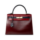 Hermes Handbag Red Vintage Kelly 28 Box Rouge H, Rouge Vif and Bleu Marine with Gold Hardware - Redeluxe
