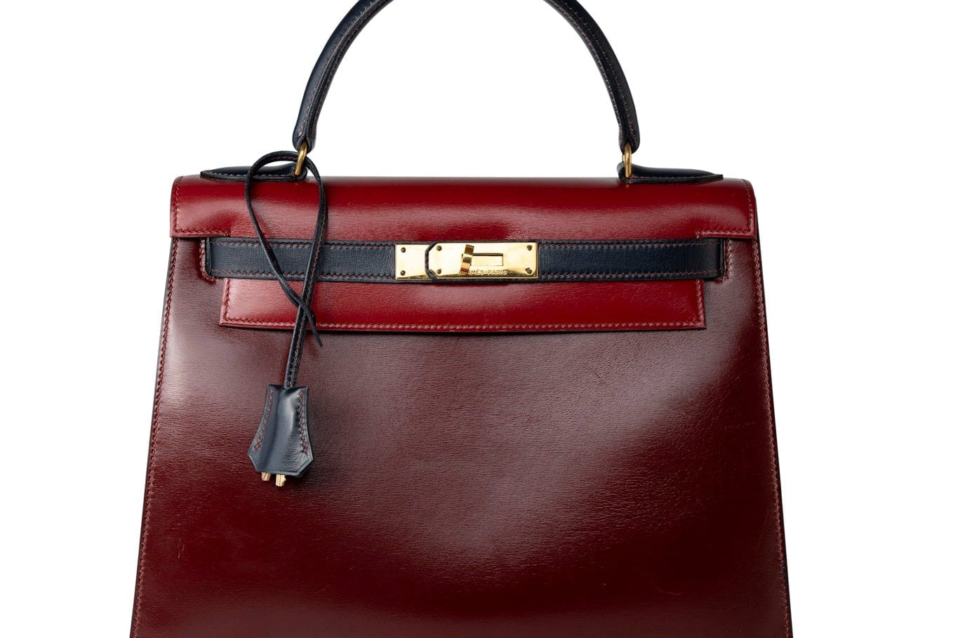 Hermes Handbag Red Vintage Kelly 28 Box Rouge H, Rouge Vif and Bleu Marine with Gold Hardware - Redeluxe