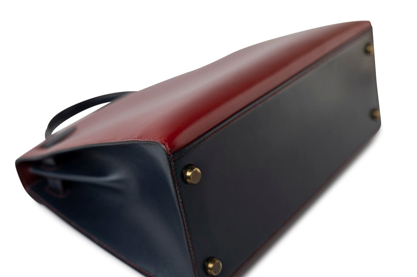 Hermes Handbag Red Vintage Kelly 28 Box Rouge H, Rouge Vif and Bleu Marine with Gold Hardware - Redeluxe