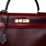 Hermes Handbag Red Vintage Kelly 28 Box Rouge H, Rouge Vif and Bleu Marine with Gold Hardware - Redeluxe