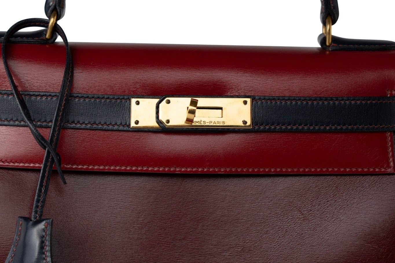 Hermes Handbag Red Vintage Kelly 28 Box Rouge H, Rouge Vif and Bleu Marine with Gold Hardware - Redeluxe
