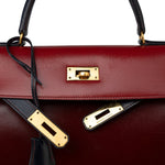 Hermes Handbag Red Vintage Kelly 28 Box Rouge H, Rouge Vif and Bleu Marine with Gold Hardware - Redeluxe