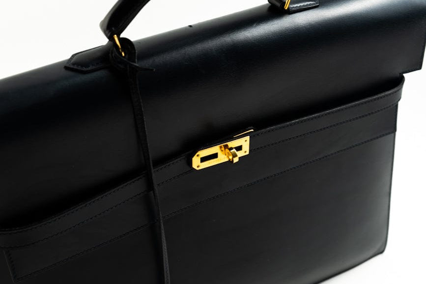Hermes Handbag Vintage Hermes Kelly 38 Depeches Dark Navy Briefcase - Redeluxe