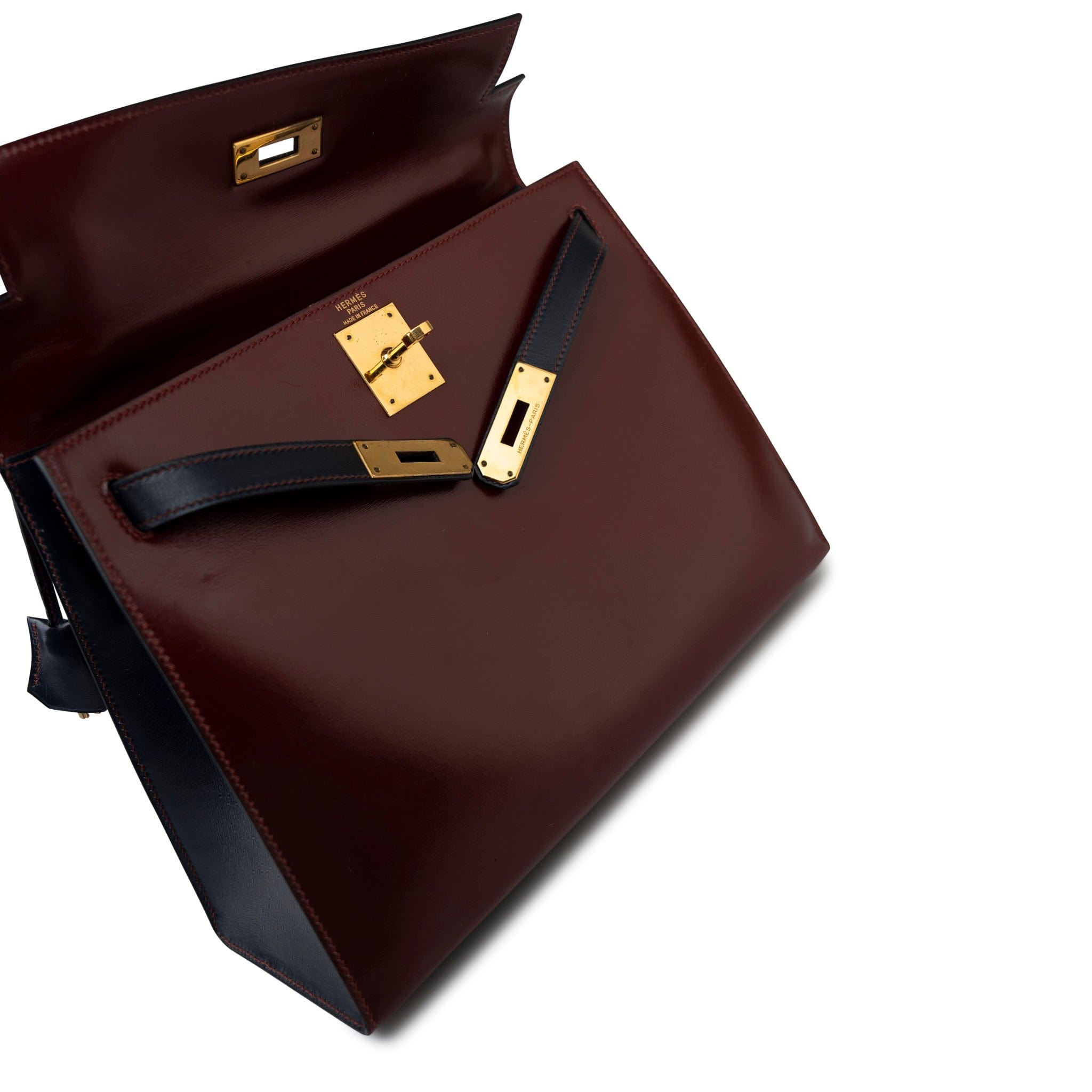 Hermes Handbag Red Vintage Kelly 28 Box Rouge H, Rouge Vif and Bleu Marine with Gold Hardware - Redeluxe