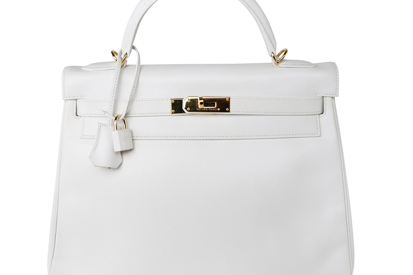 Hermes Handbag White Hermes Kelly 32 Swift White Gold Hardware F Stamp - Redeluxe