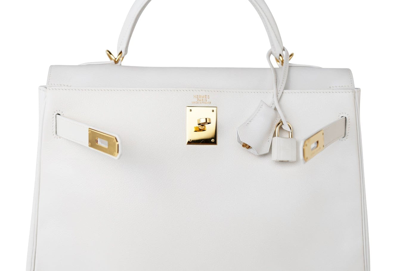 Hermes Handbag White Hermes Kelly 32 Swift White Gold Hardware F Stamp - Redeluxe