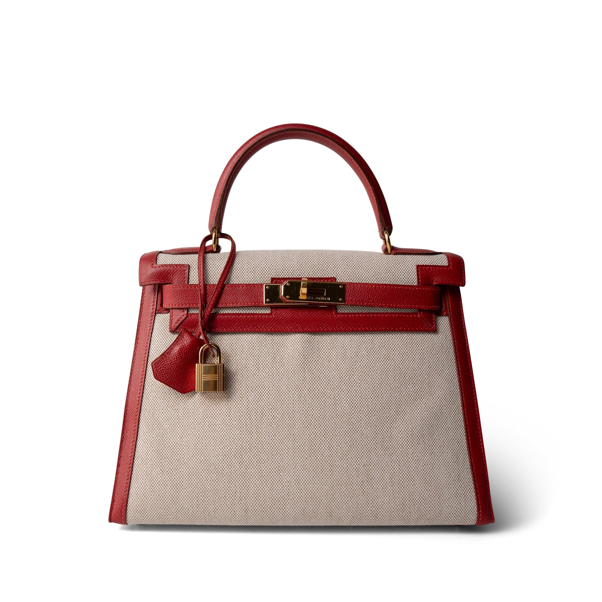 Hermes Kelly Sellier 28 Rouge H Courchevel Toile Gold Plated Y Circle Stamp - Redeluxe