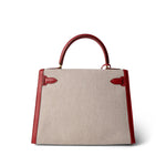 Hermes Kelly Sellier 28 Rouge H Courchevel Toile Gold Plated Y Circle Stamp - Redeluxe