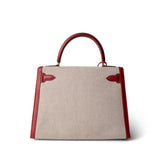 Hermes Kelly Sellier 28 Rouge H Courchevel Toile Gold Plated Y Circle Stamp - Redeluxe
