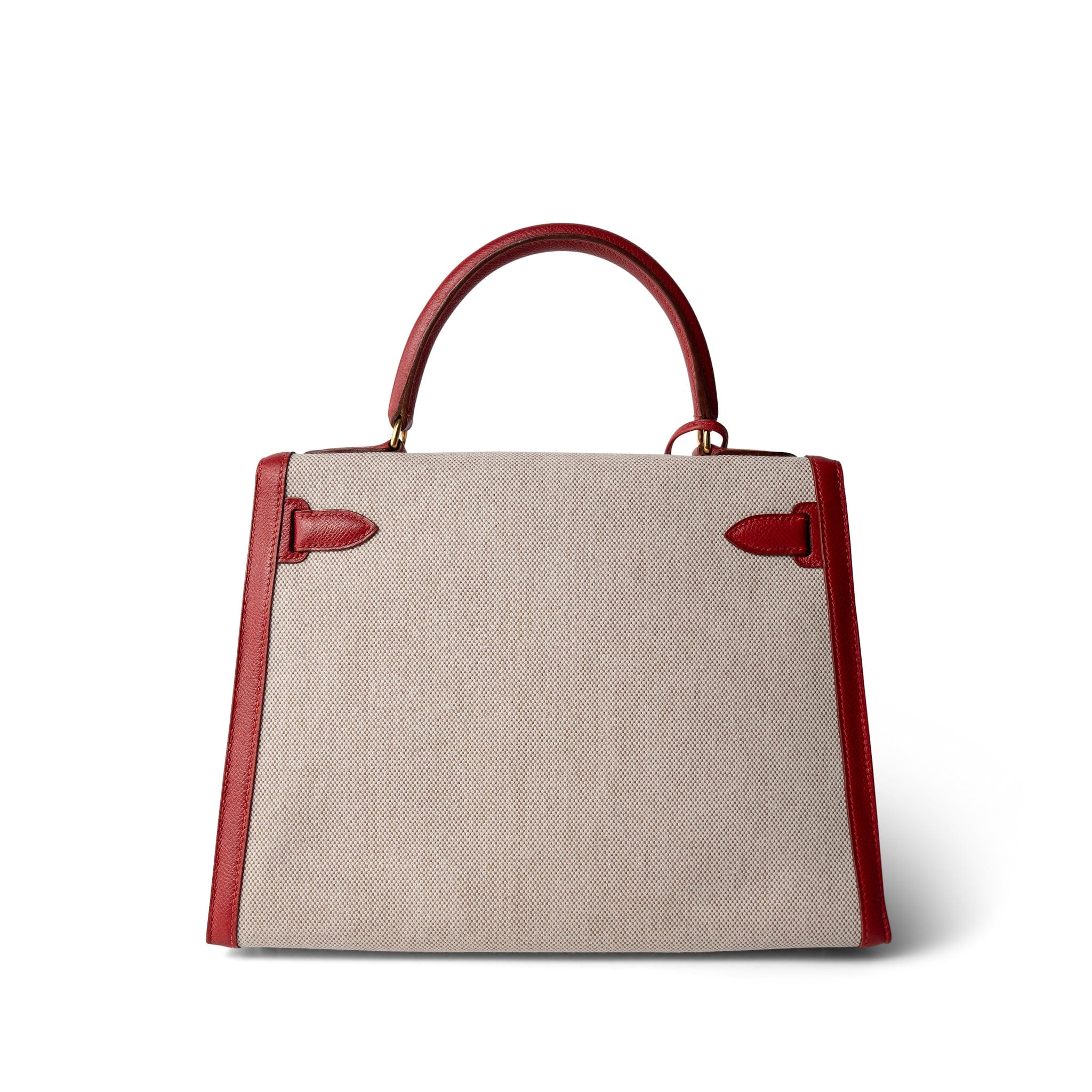 Hermes Kelly Sellier 28 Rouge H Courchevel Toile Gold Plated Y Circle Stamp - Redeluxe