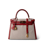 Hermes Kelly Sellier 28 Rouge H Courchevel Toile Gold Plated Y Circle Stamp - Redeluxe