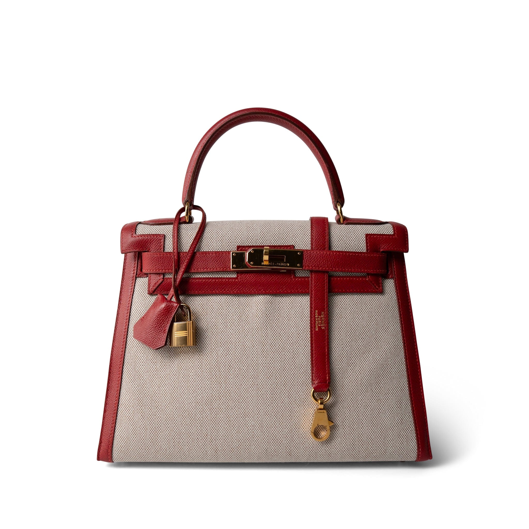 Hermes Kelly Sellier 28 Rouge H Courchevel Toile Gold Plated Y Circle Stamp - Redeluxe