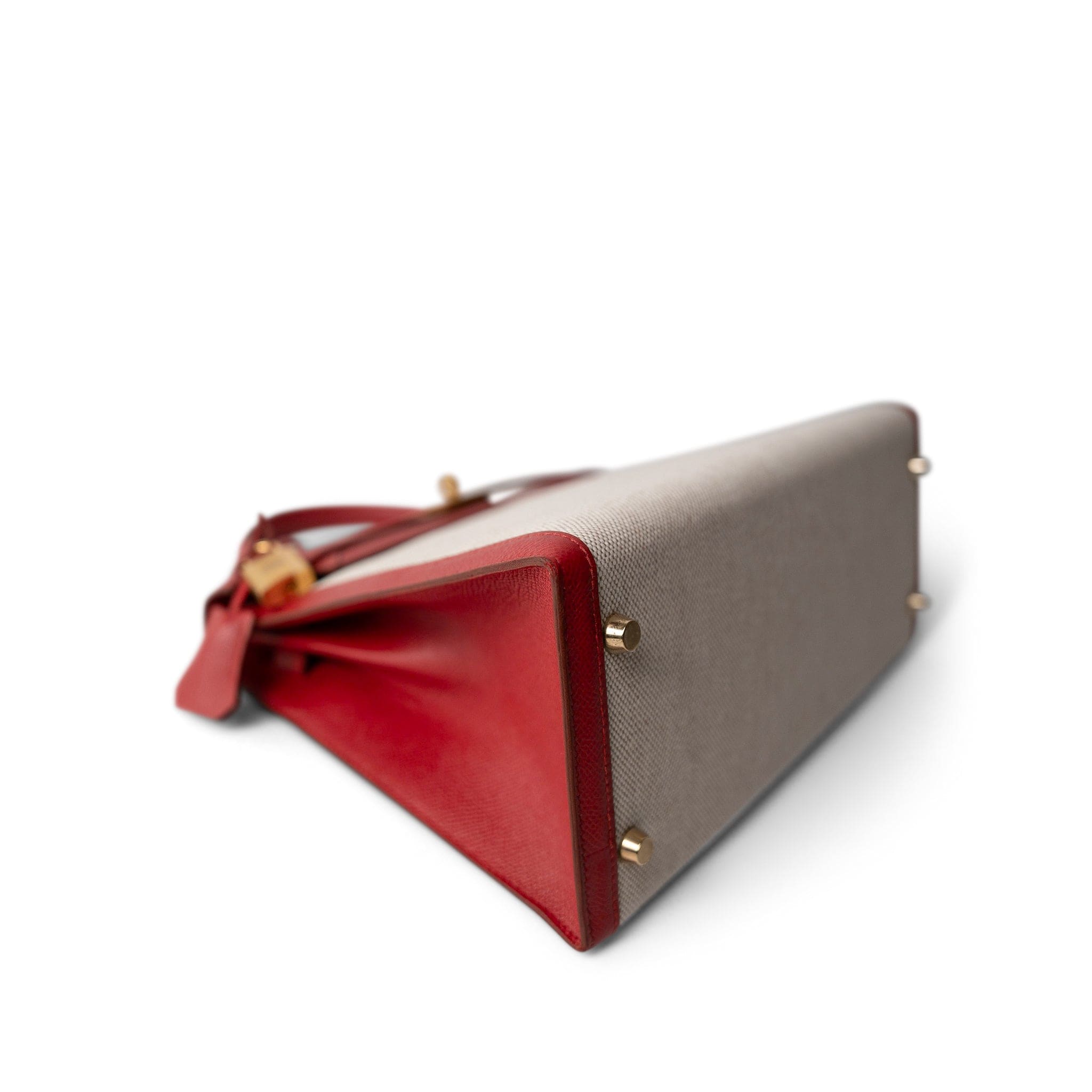 Hermes Kelly Sellier 28 Rouge H Courchevel Toile Gold Plated Y Circle Stamp - Redeluxe