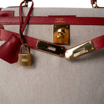 Hermes Kelly Sellier 28 Rouge H Courchevel Toile Gold Plated Y Circle Stamp - Redeluxe
