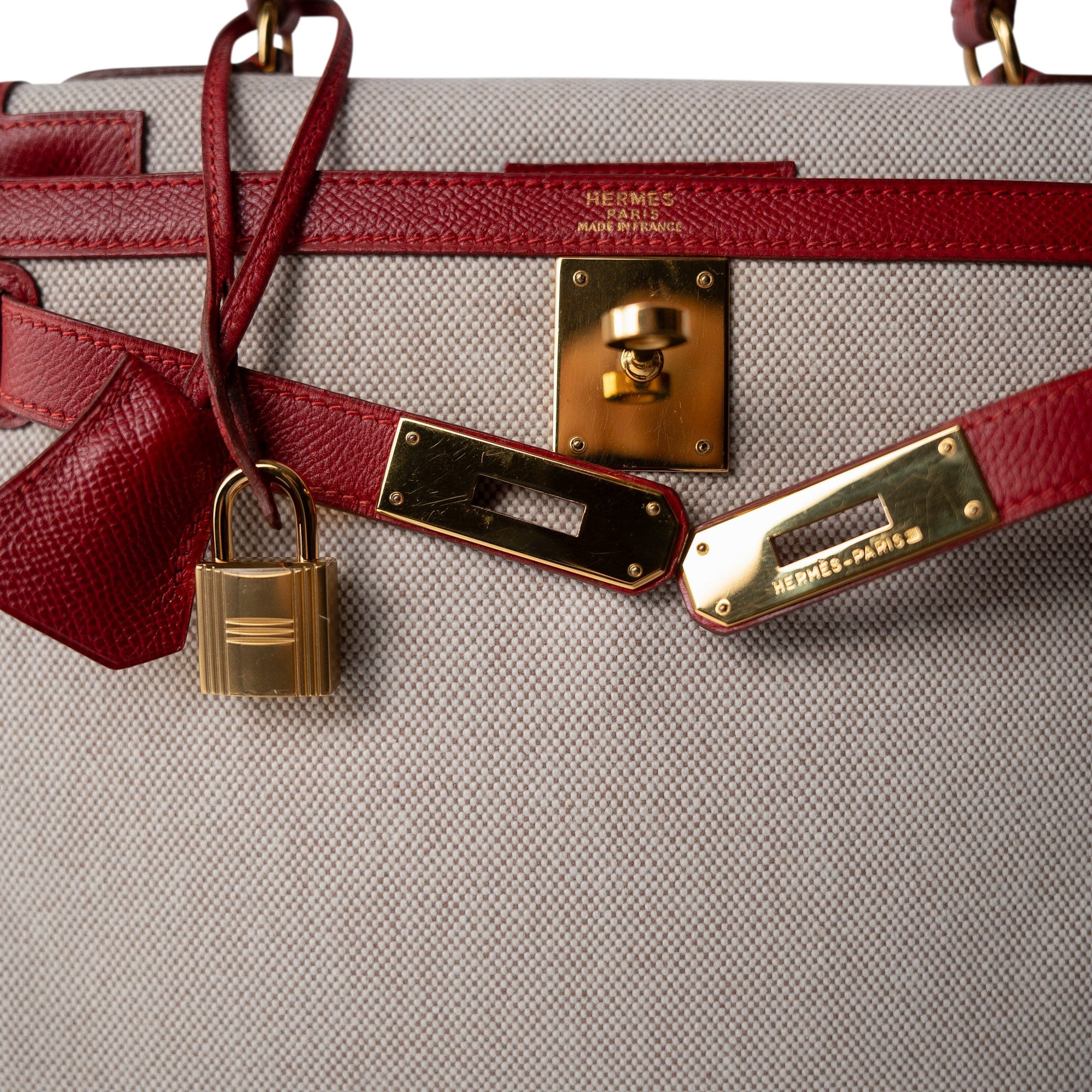 Hermes Kelly Sellier 28 Rouge H Courchevel Toile Gold Plated Y Circle Stamp - Redeluxe