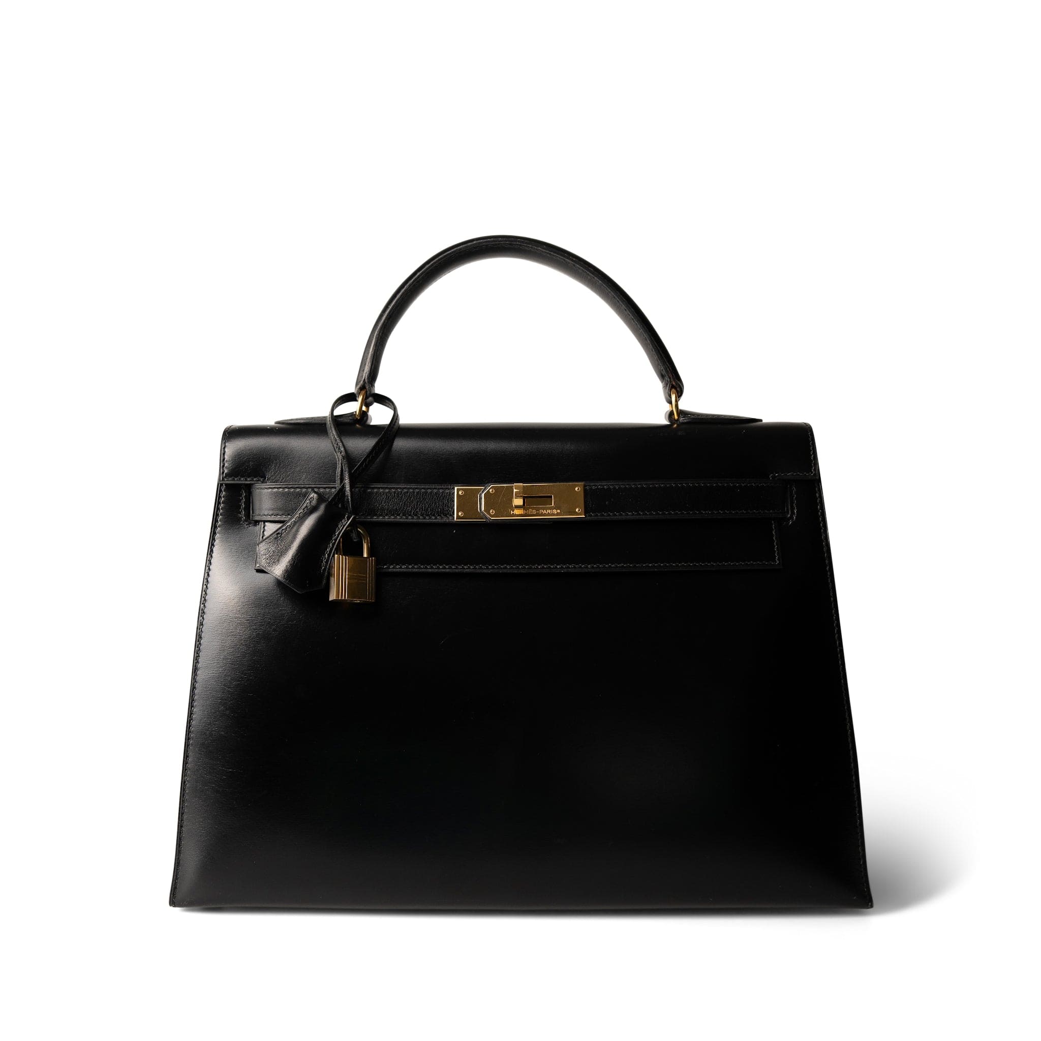 Hermes Kelly Sellier 32 Black Box Calfskin Gold Plated (R) Stamp - Redeluxe