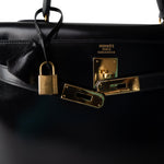 Hermes Kelly Sellier 32 Black Box Calfskin Gold Plated (R) Stamp - Redeluxe