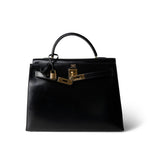 Hermes Kelly Sellier 32 Black Box Calfskin Gold Plated (R) Stamp - Redeluxe