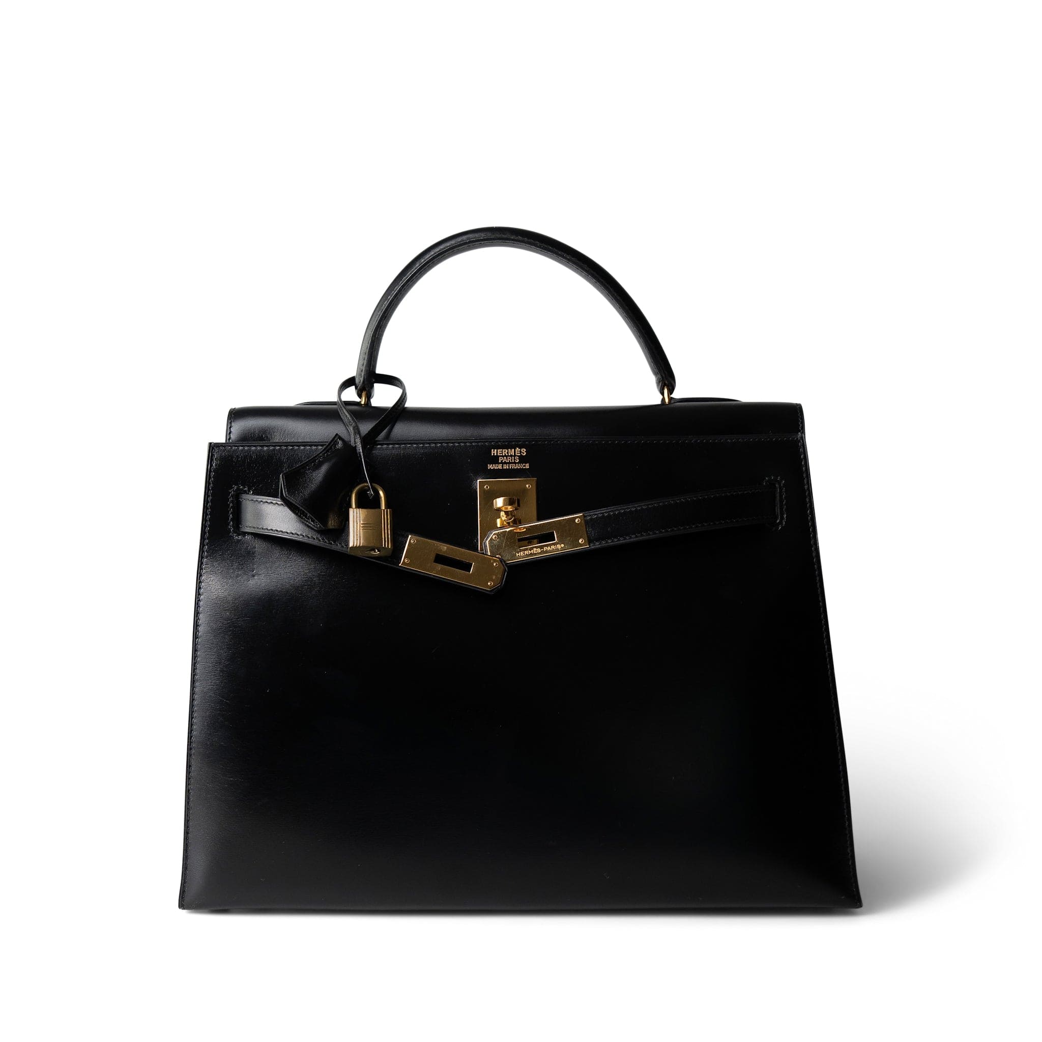 Hermes Kelly Sellier 32 Black Box Calfskin Gold Plated (R) Stamp - Redeluxe