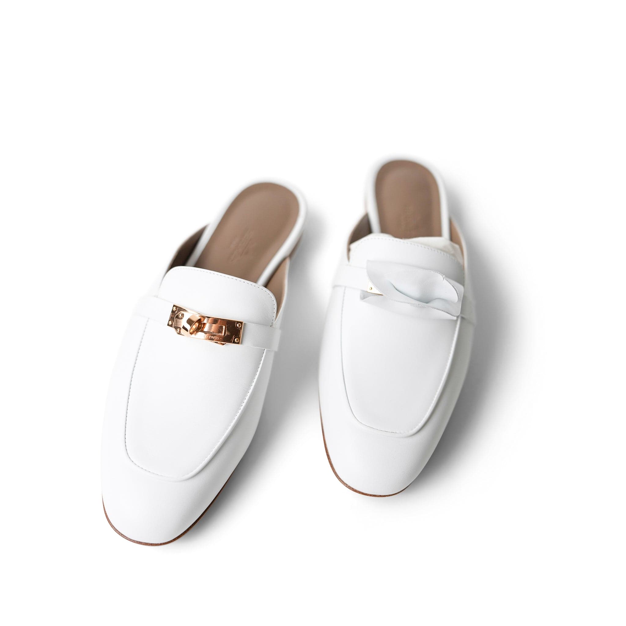 White Oz Mule Sandals w/ Rose Gold Kelly Buckle (38 EU / 7.5 US