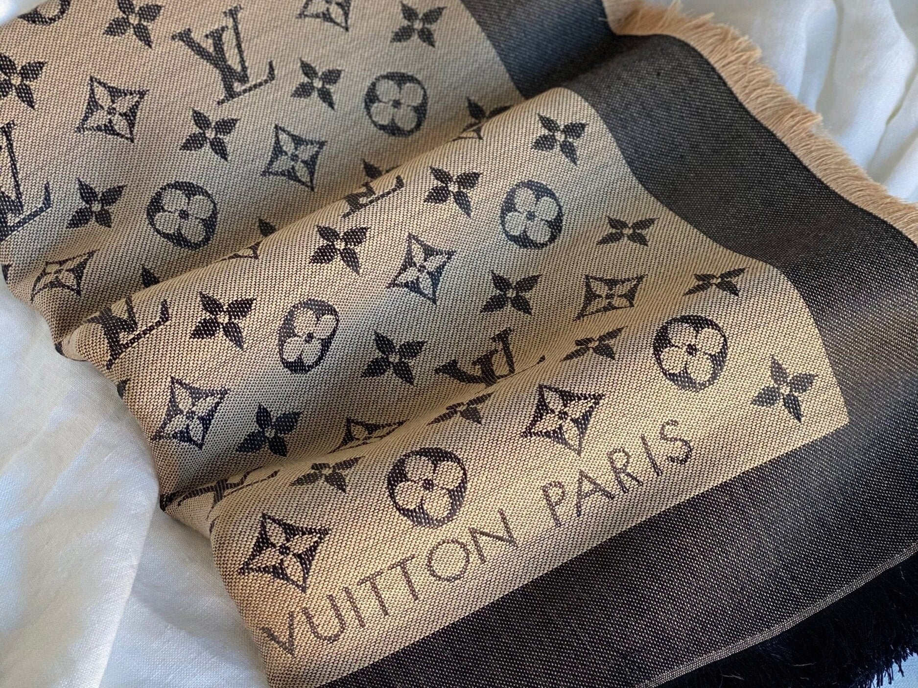 Louis Vuitton Shawl LOUIS VUITTON MONOGRAM SHAWL DENIM BLACK BEIGE (M76640) - Redeluxe