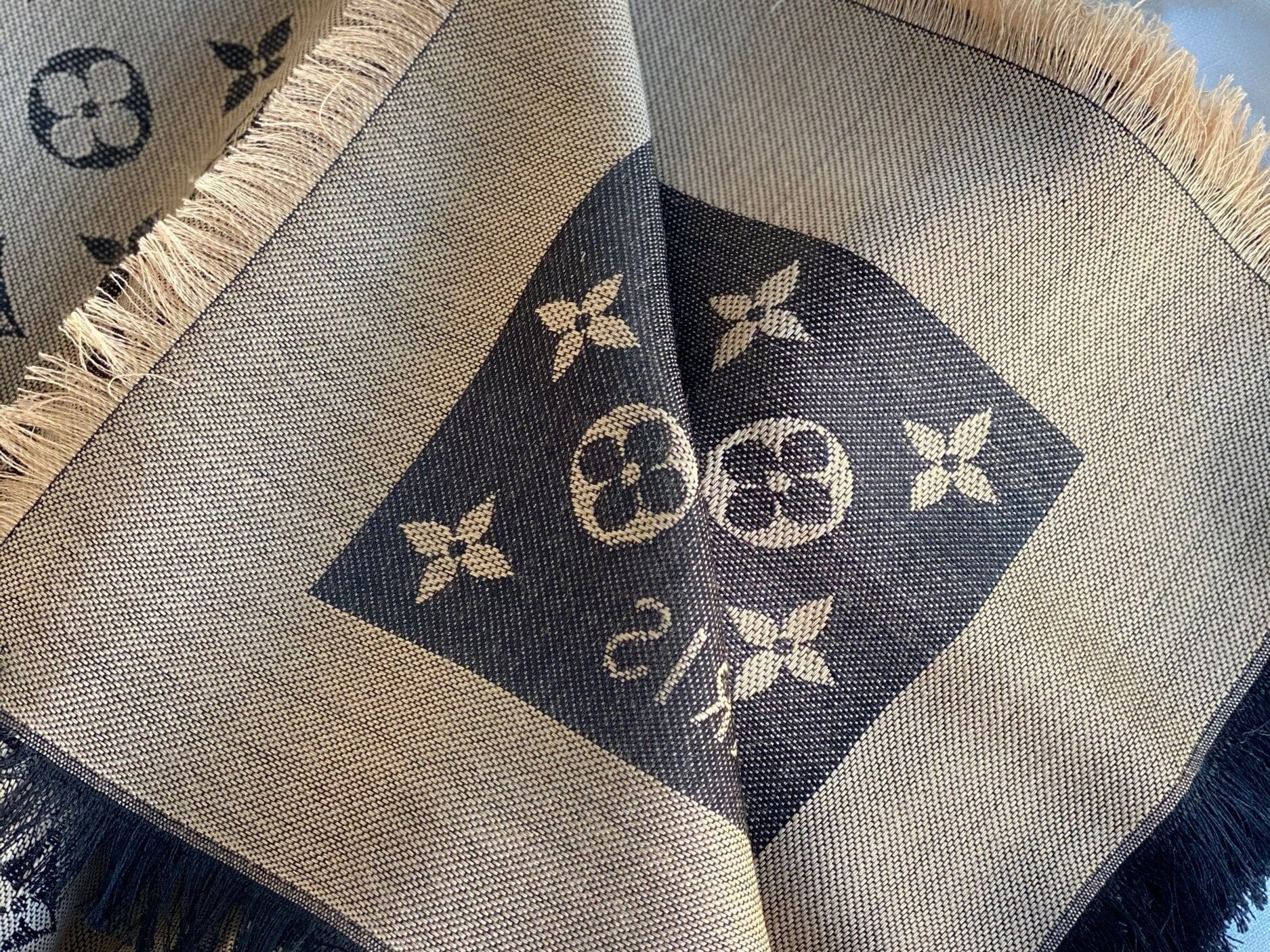 Louis Vuitton Shawl LOUIS VUITTON MONOGRAM SHAWL DENIM BLACK BEIGE (M76640) - Redeluxe