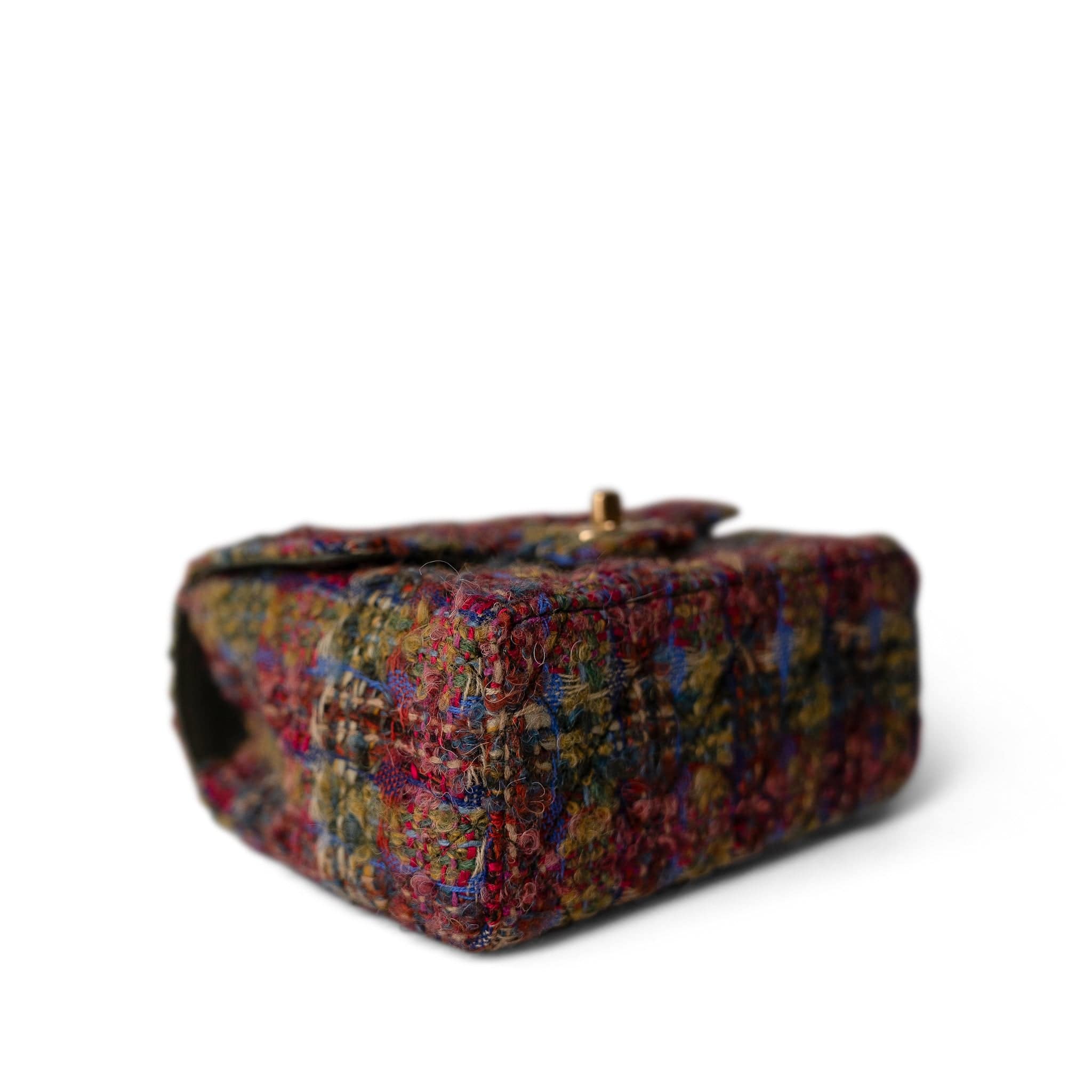 REDELUXE Handbag 22K Multicolor Tweed Quilted Mini Square Flap Aged Gold Hardware - Redeluxe